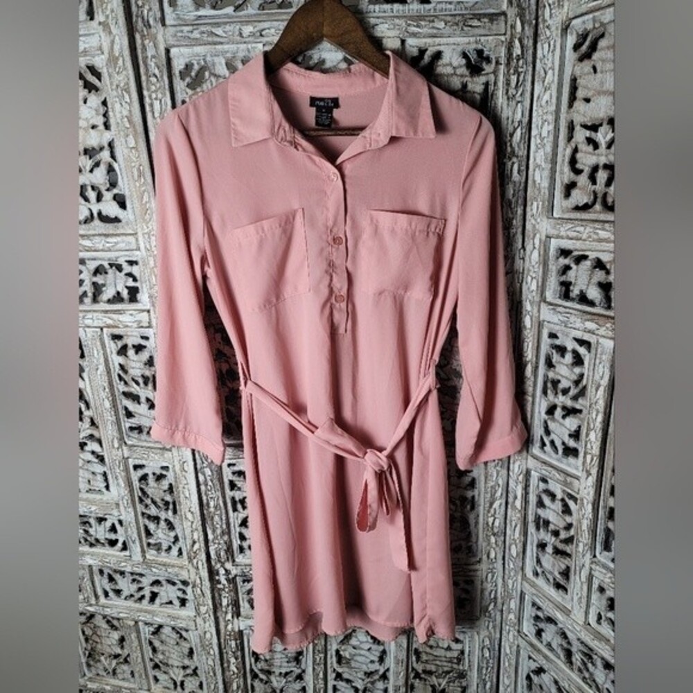 Rue 21 Pink Shirt Dress Tie waist front pockets 3/4 sleeve - Picture 2 of 8